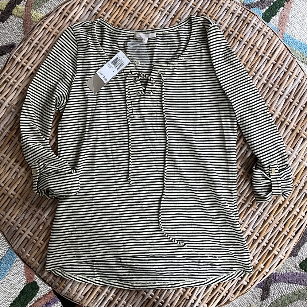 joan vass studio dark navy and butter striped 3\4 sleeve tee shirt size L